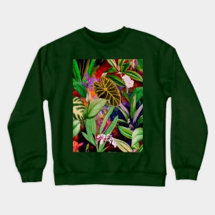 Stylish Tropical floral leaves and foliage botanical illustration, botanical pattern, tropical plants, blue orange leaves pattern over a Crewneck Sweatshirt